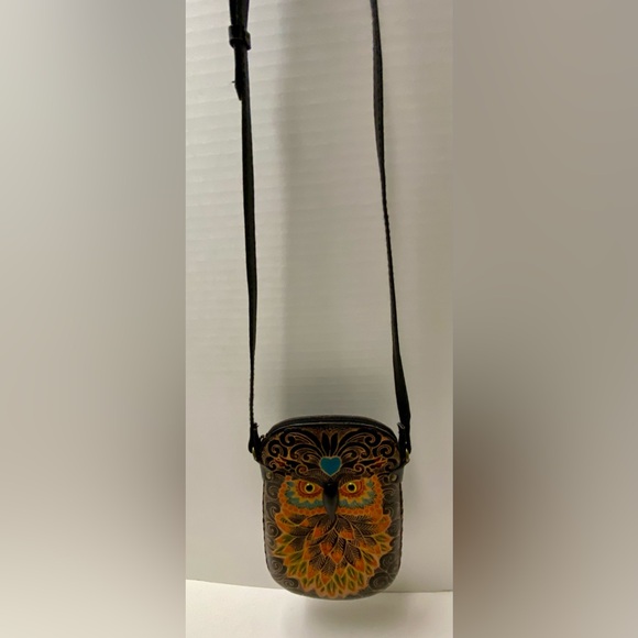 Blue Heart Owl Cross-body Purse Hand tooled Leather Multicolored - Picture 13 of 16